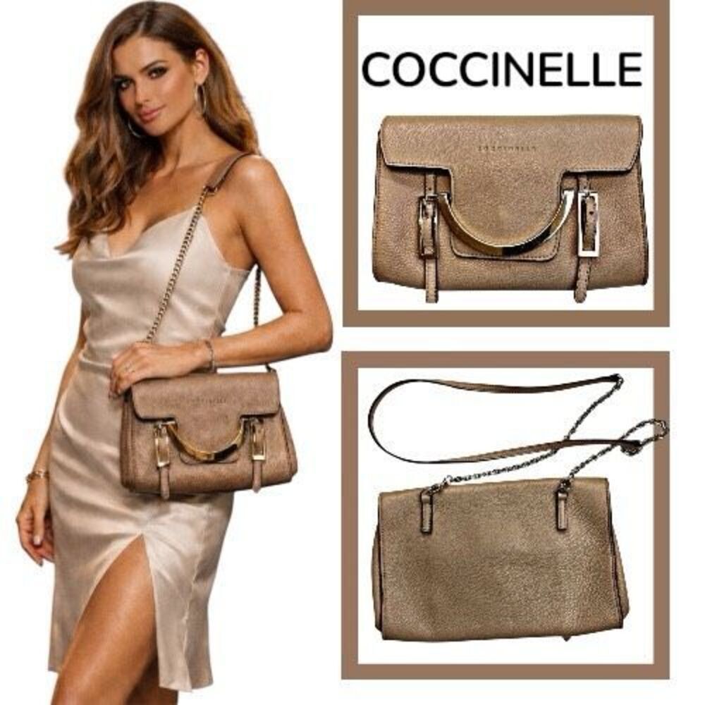 COCCINELLE Crossbody Handbag Leather Tumbleweed Tan Nude Color Gold Hardware